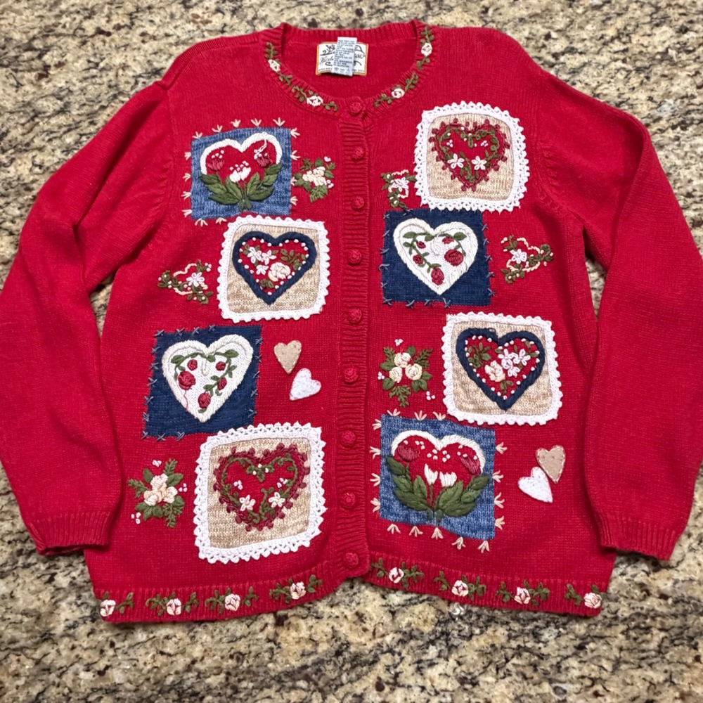Vintage Heirloom Collectibles Red Heart Floral Embroidered Cardigan Sweater M